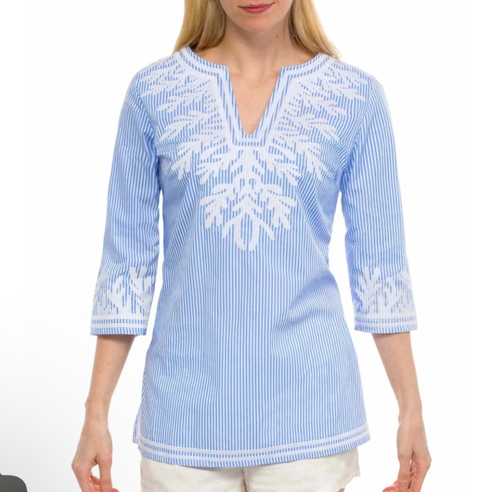 GRETCHEN SCOTT Embroidered Pinstripe Tunic The Reef‎ Blue Size M